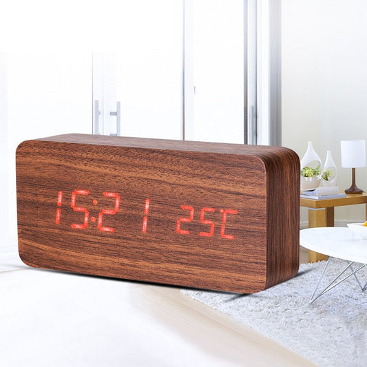 LED Teak Cuboid Alarm Clock