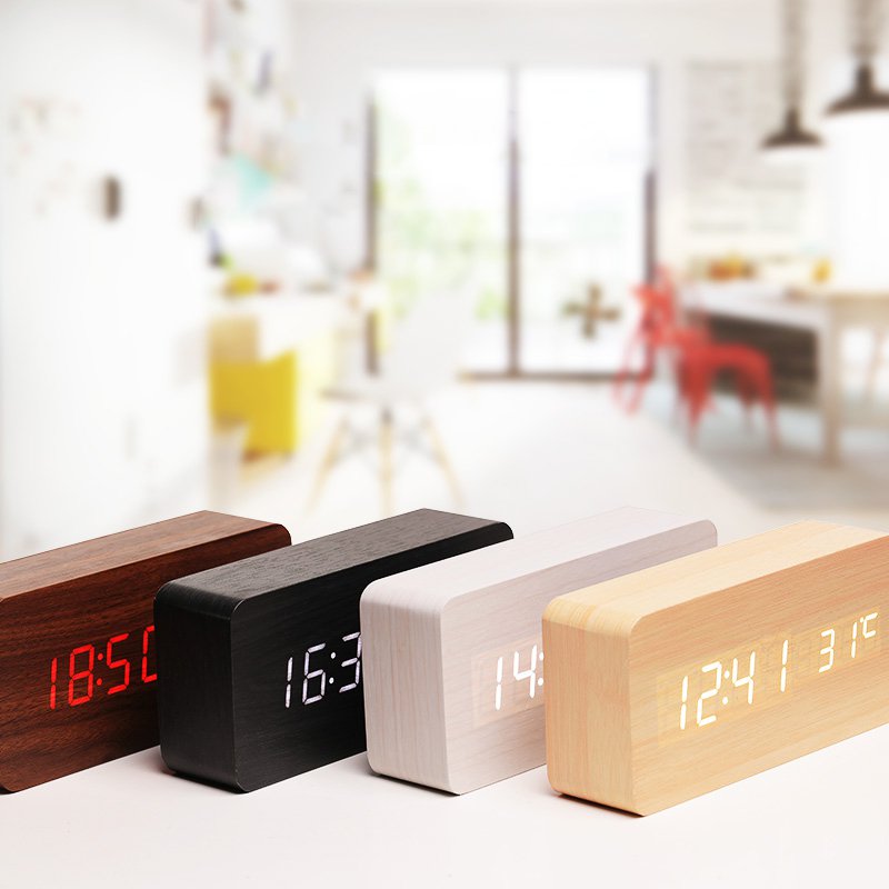 LED Teak Cuboid Alarm Clock